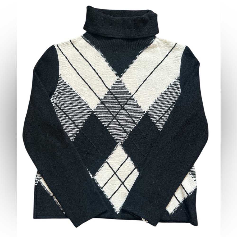 Louis Feraud Cashmere Wool Sweater Argyle Turtleneck 10 Black White NOS NWT $740